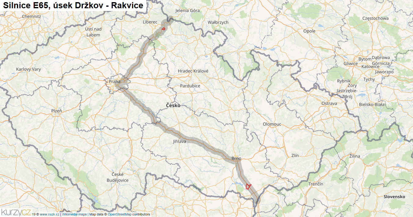 Úsek Držkov - Rakvice, Silnice E65 - Mapa