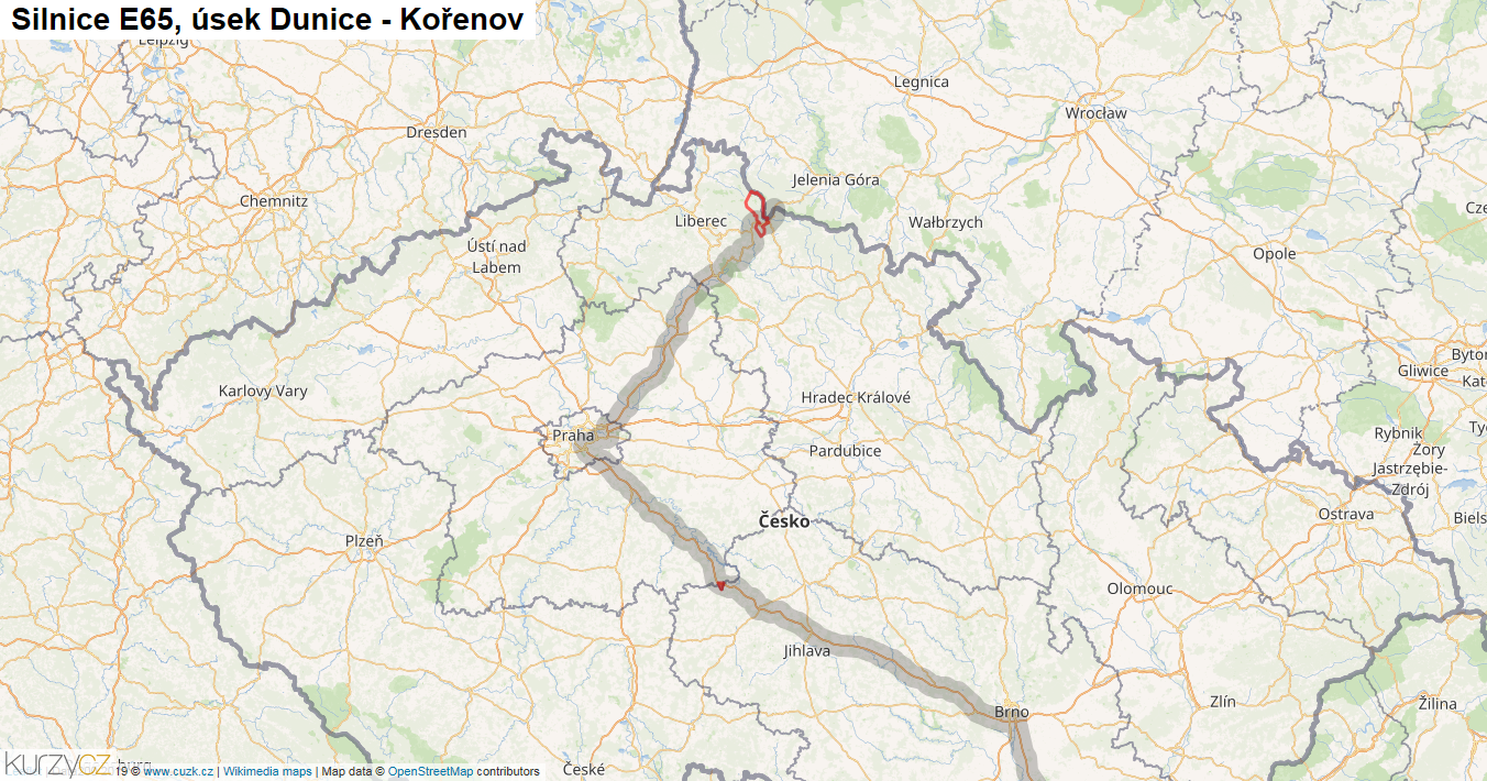 Úsek Dunice - Kořenov, Silnice E65 - Mapa