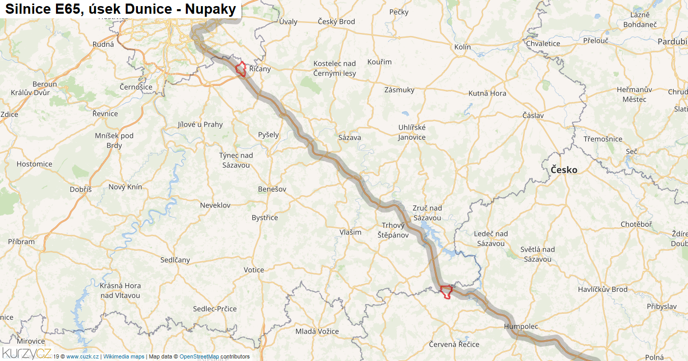 Úsek Dunice - Nupaky, Silnice E65 - Mapa