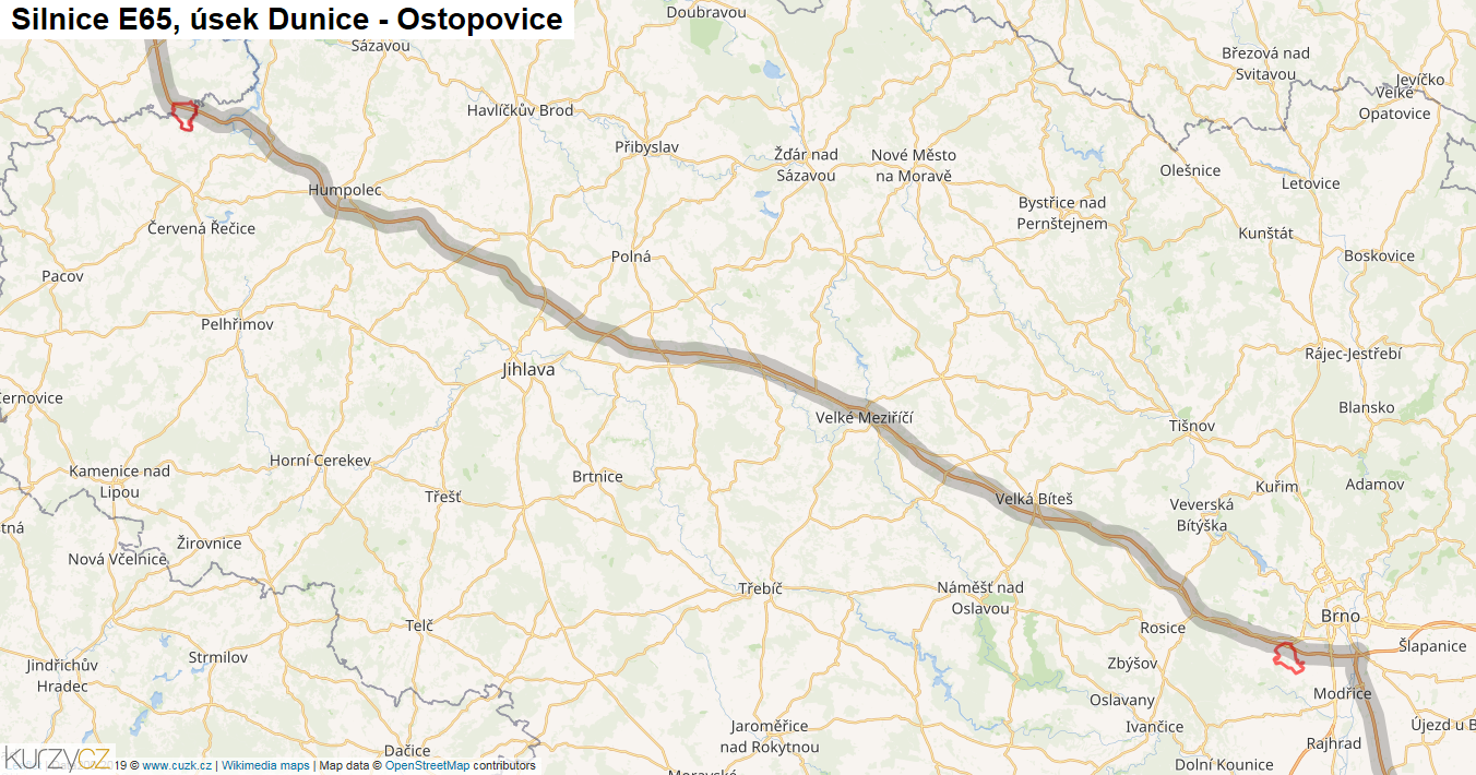 Úsek Dunice - Ostopovice, Silnice E65 - Mapa