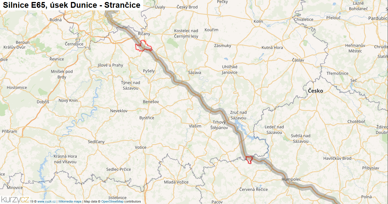Úsek Dunice - Strančice, Silnice E65 - Mapa