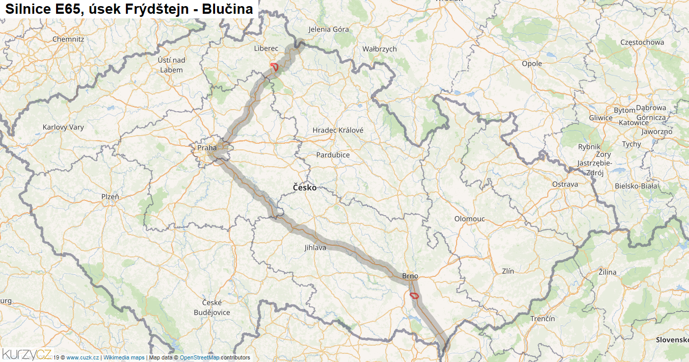 Úsek Frýdštejn - Blučina, Silnice E65 - Mapa