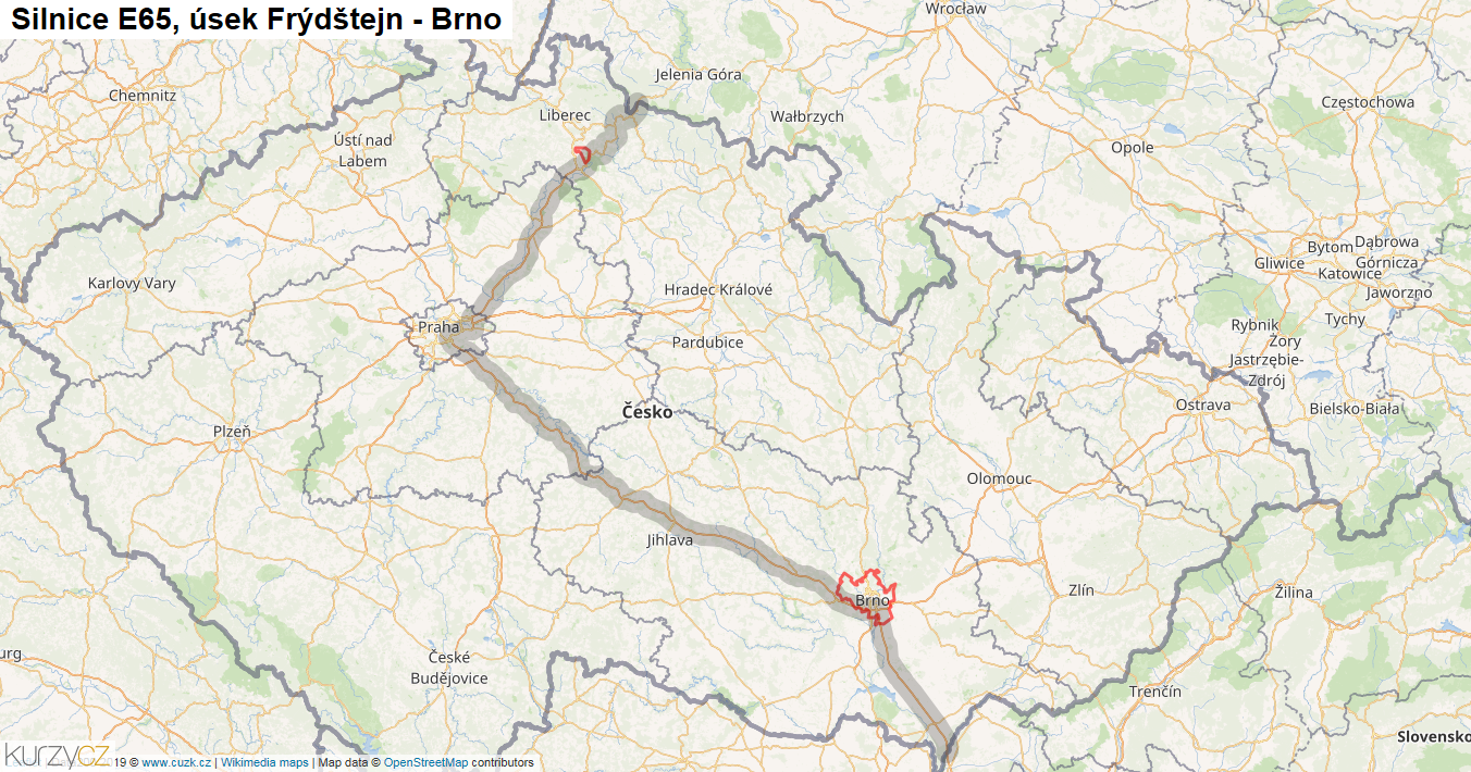 Úsek Frýdštejn - Brno, Silnice E65 - Mapa