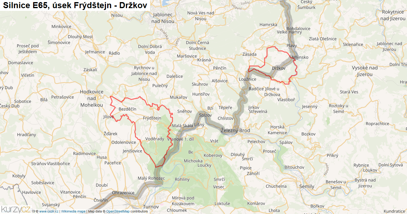 Úsek Frýdštejn - Držkov, Silnice E65 - Mapa