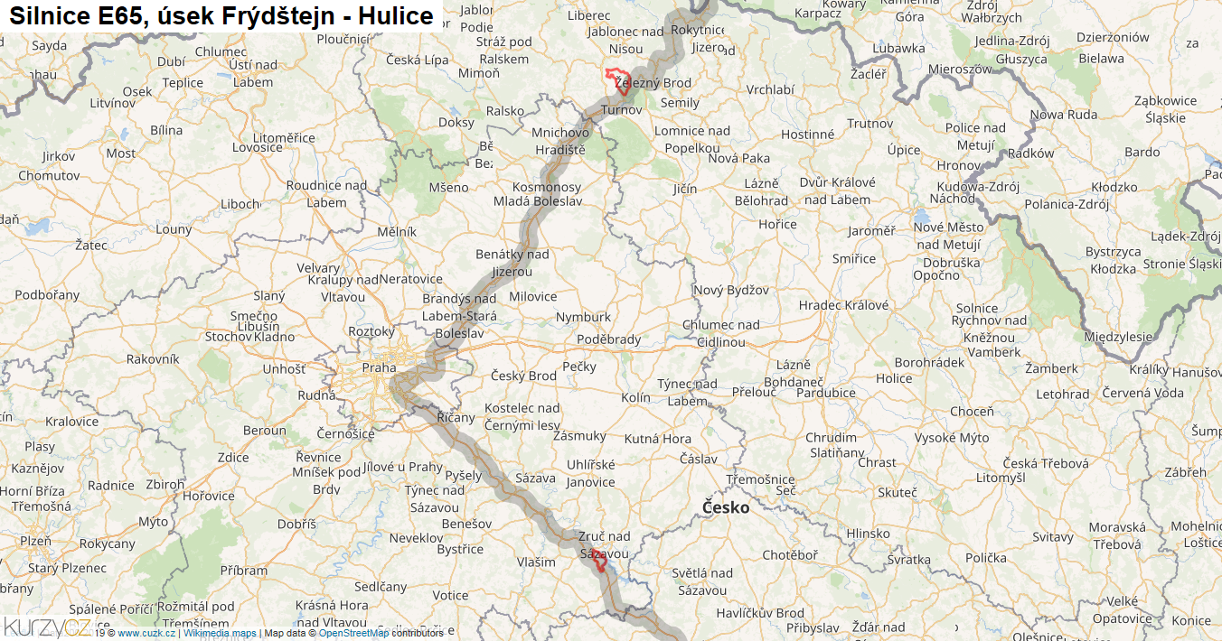 Úsek Frýdštejn - Hulice, Silnice E65 - Mapa