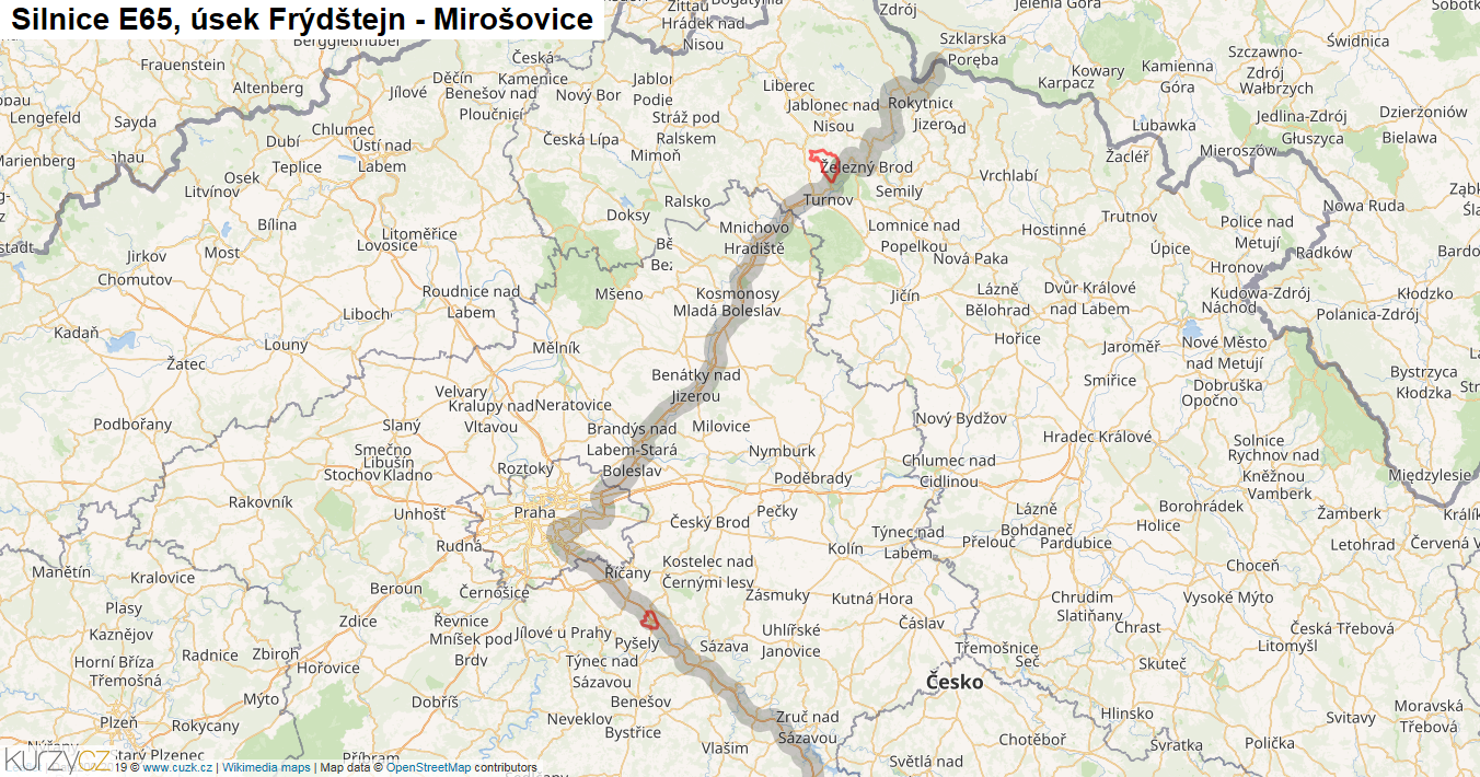 Úsek Frýdštejn - Mirošovice, Silnice E65 - Mapa