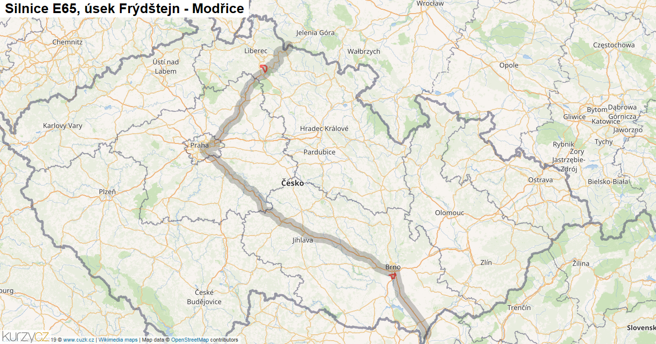 Úsek Frýdštejn - Modřice, Silnice E65 - Mapa