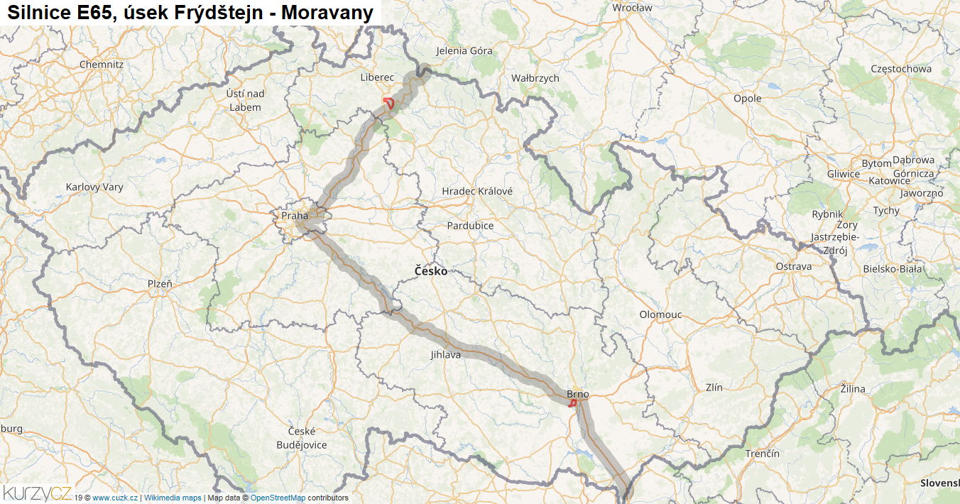 Úsek Frýdštejn - Moravany, Silnice E65 - Mapa