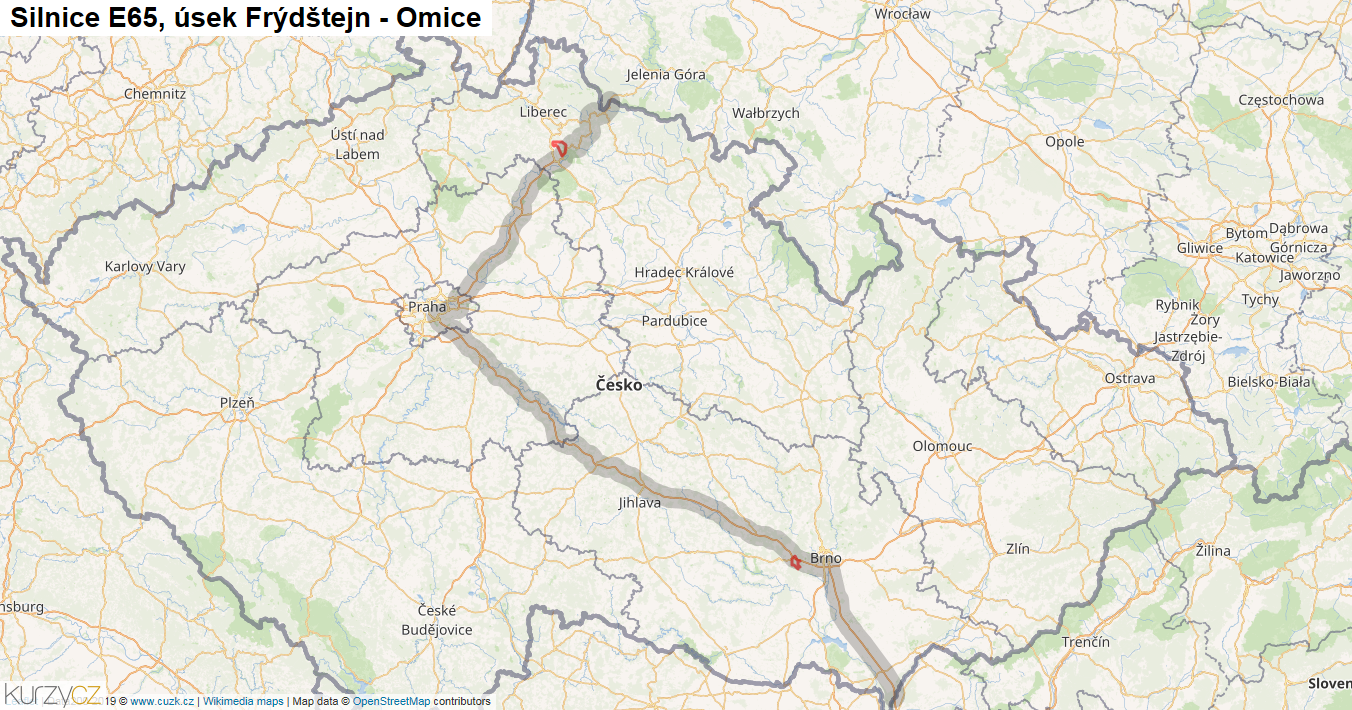 Úsek Frýdštejn - Omice, Silnice E65 - Mapa