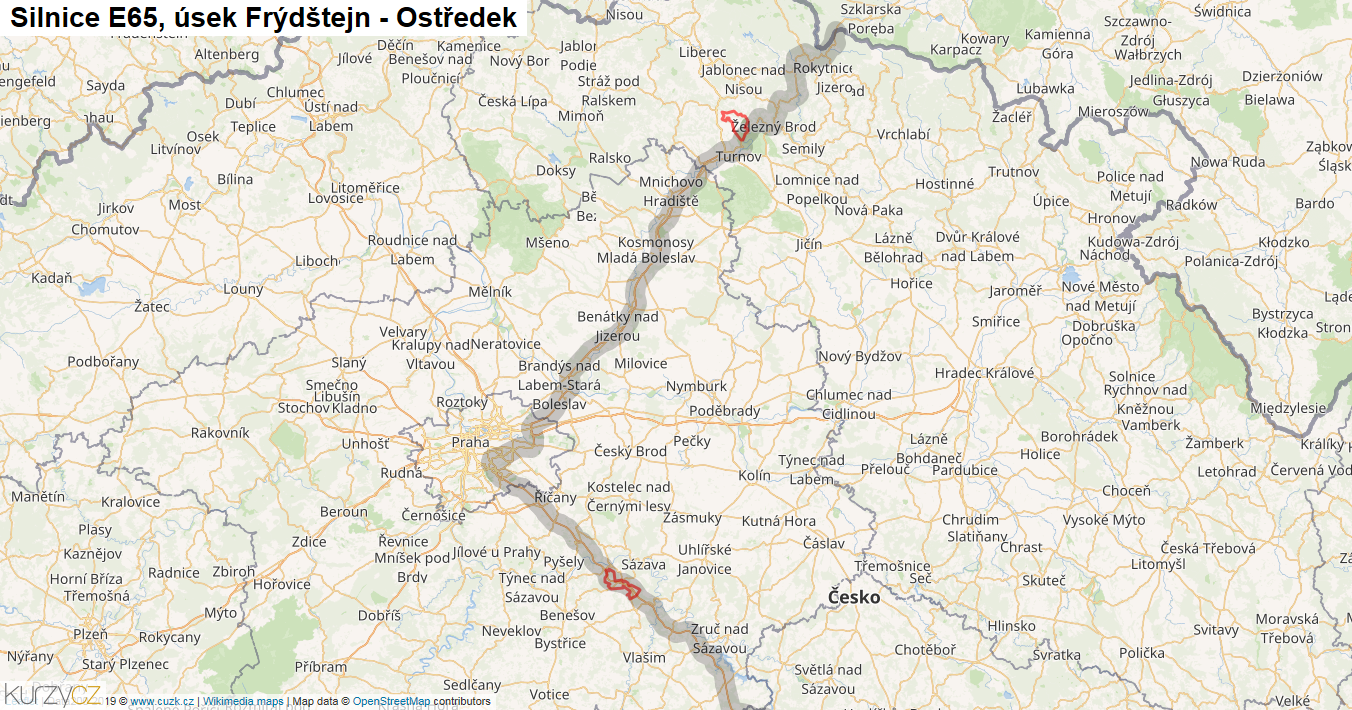 Úsek Frýdštejn - Ostředek, Silnice E65 - Mapa