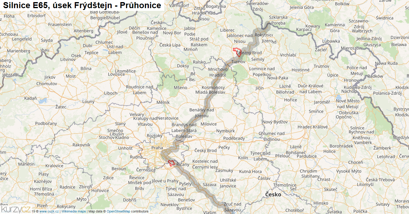 Úsek Frýdštejn - Průhonice, Silnice E65 - Mapa