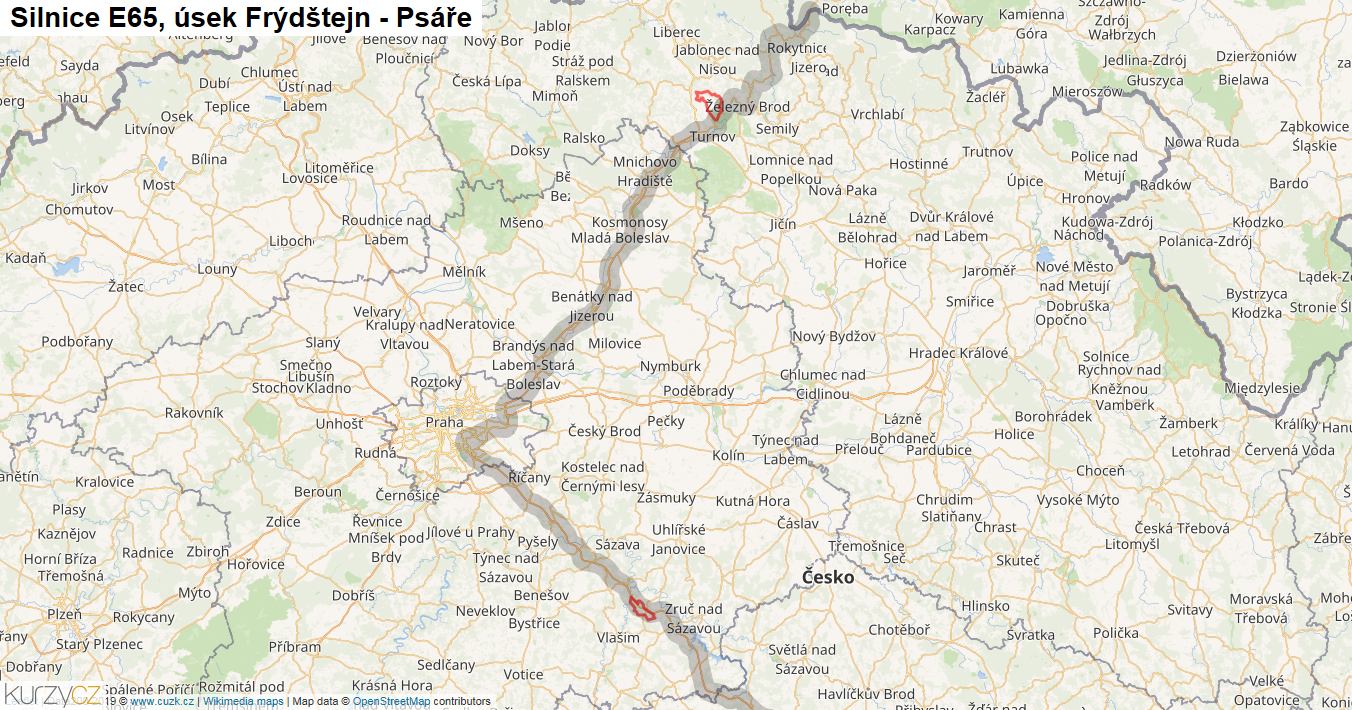 Úsek Frýdštejn - Psáře, Silnice E65 - Mapa