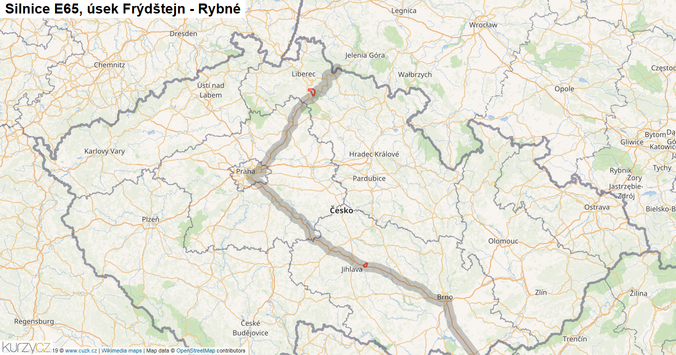 Úsek Frýdštejn - Rybné, Silnice E65 - Mapa