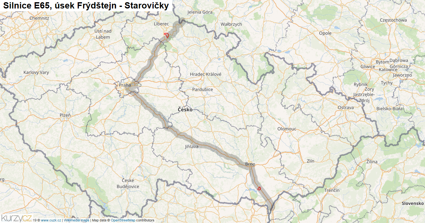 Úsek Frýdštejn - Starovičky, Silnice E65 - Mapa