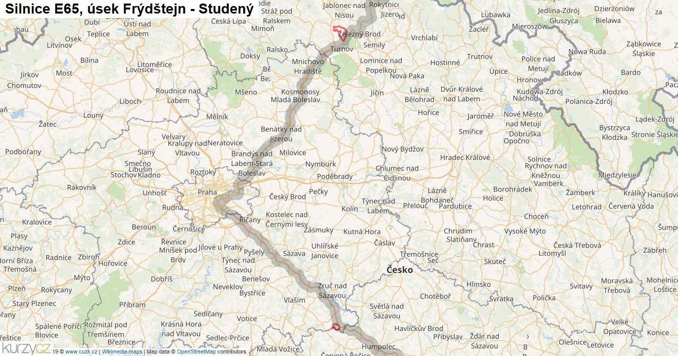 Úsek Frýdštejn - Studený, Silnice E65 - Mapa