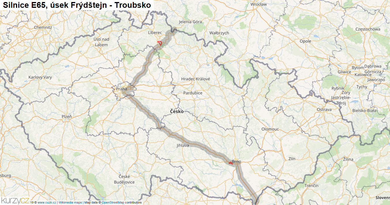 Úsek Frýdštejn - Troubsko, Silnice E65 - Mapa