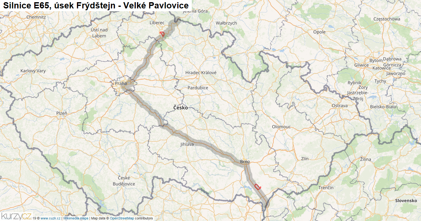 Úsek Frýdštejn - Velké Pavlovice, Silnice E65 - Mapa