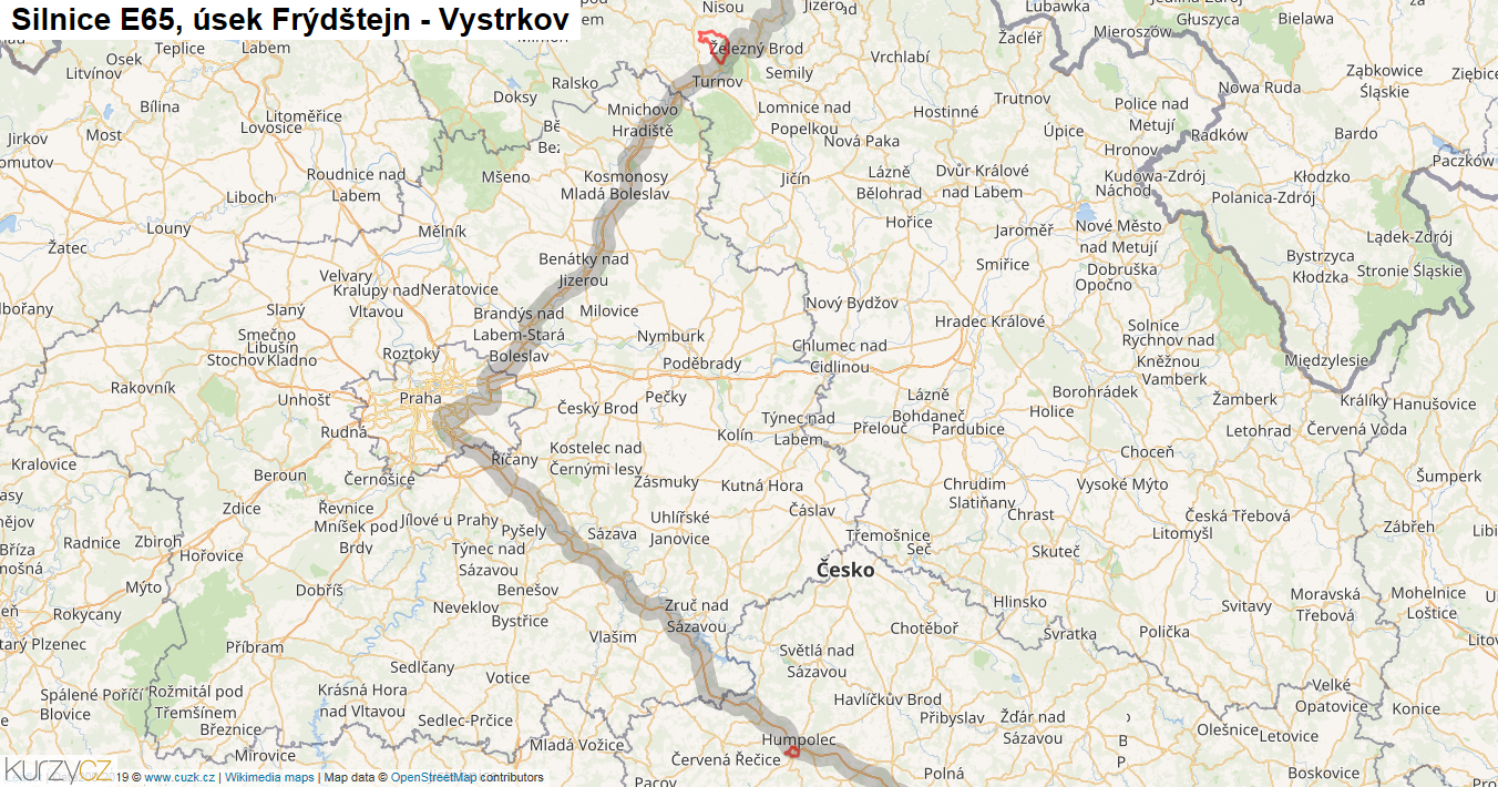 Úsek Frýdštejn - Vystrkov, Silnice E65 - Mapa
