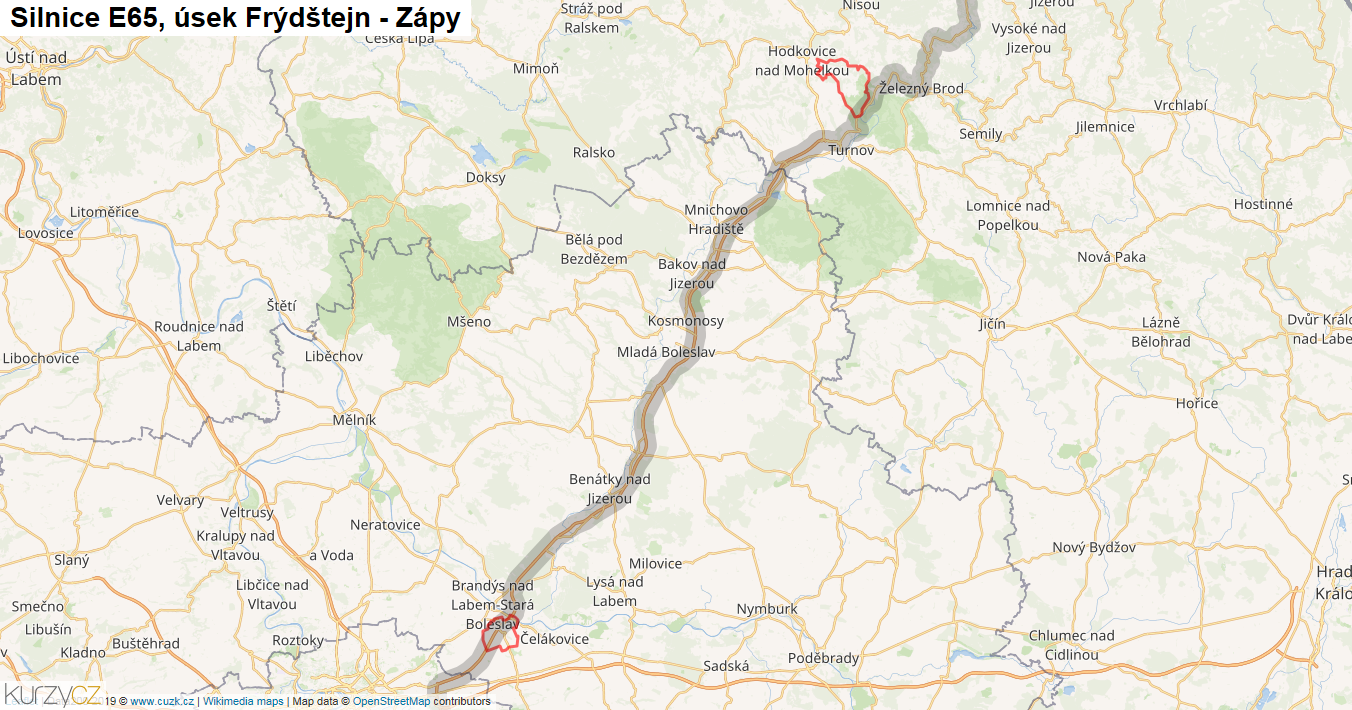 Úsek Frýdštejn - Zápy, Silnice E65 - Mapa