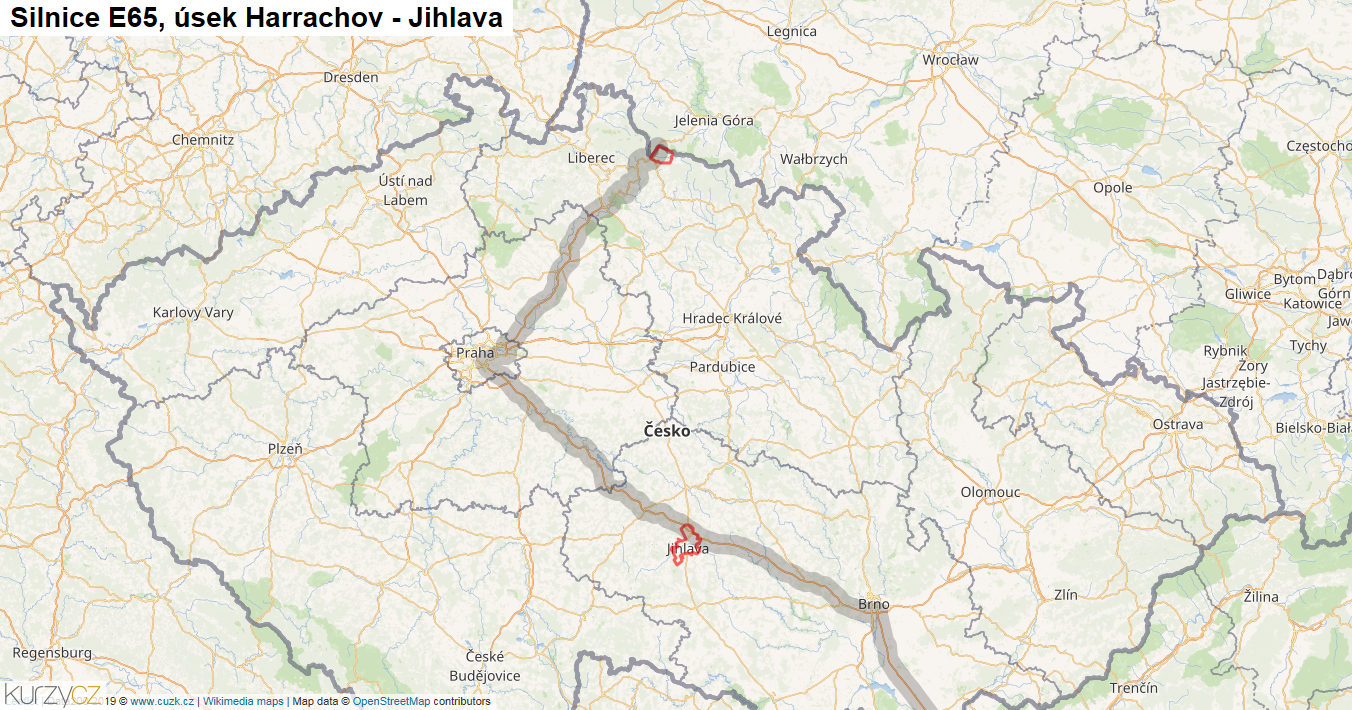 Úsek Harrachov - Jihlava, Silnice E65 - Mapa