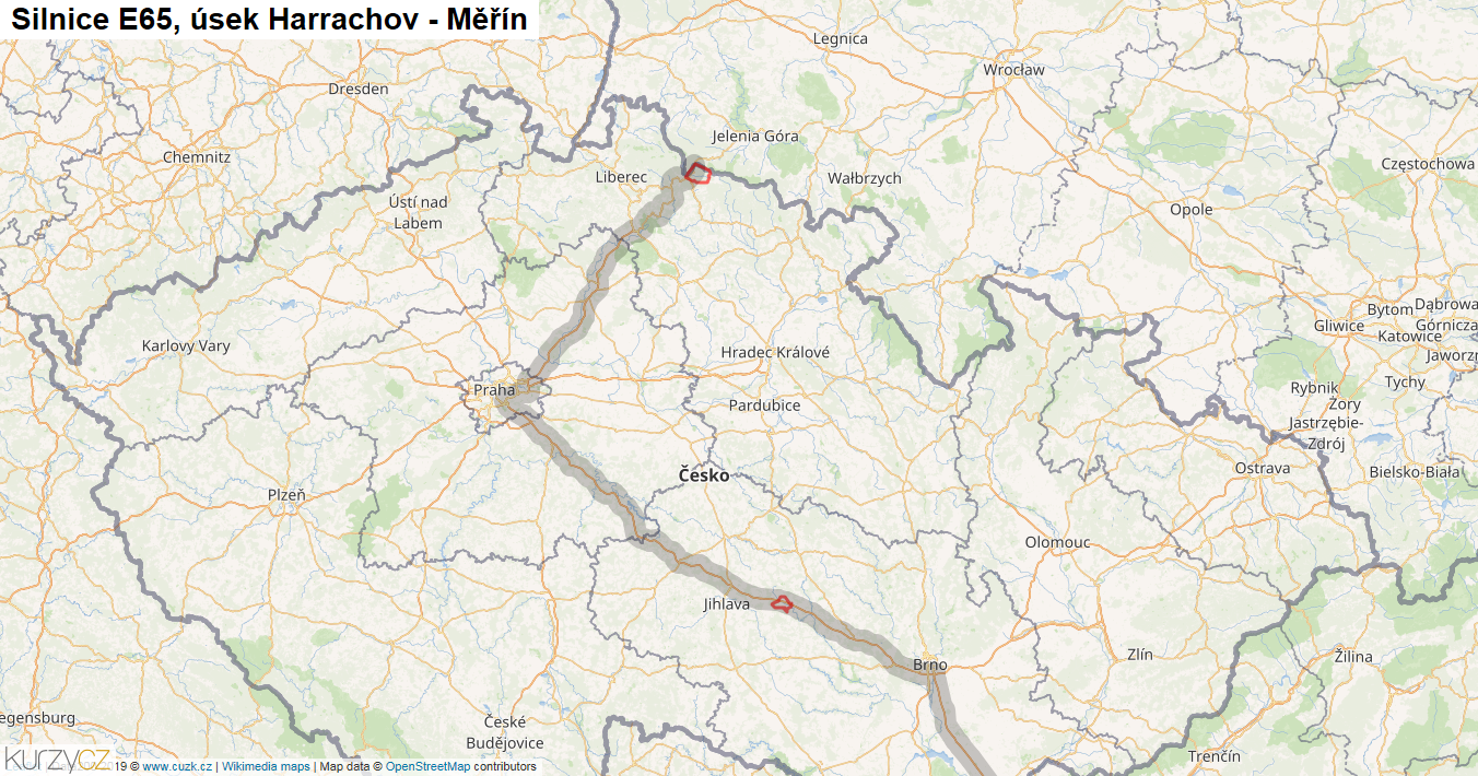 Úsek Harrachov - Měřín, Silnice E65 - Mapa
