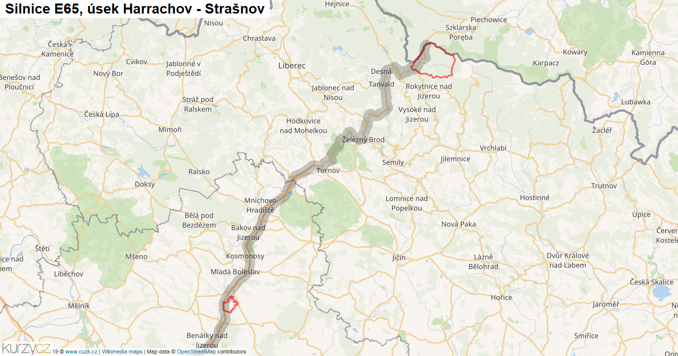 Úsek Harrachov - Strašnov, Silnice E65 - Mapa