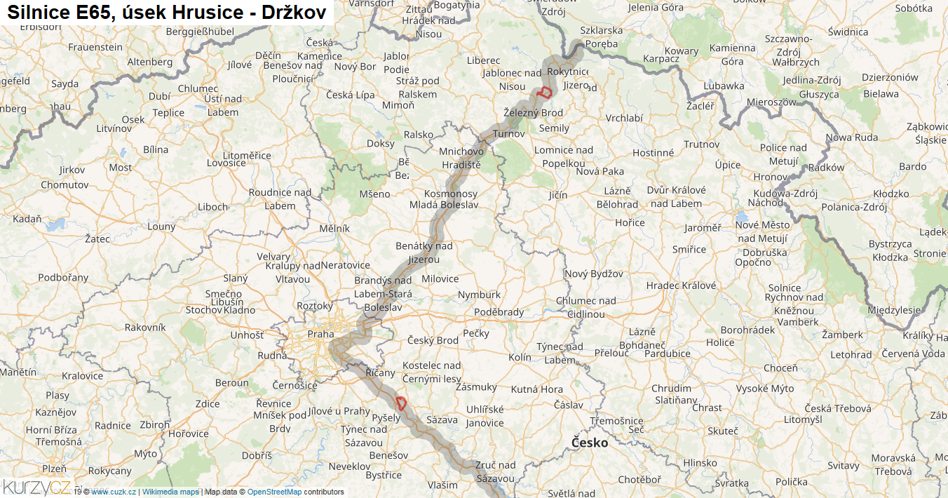 Úsek Hrusice - Držkov, Silnice E65 - Mapa