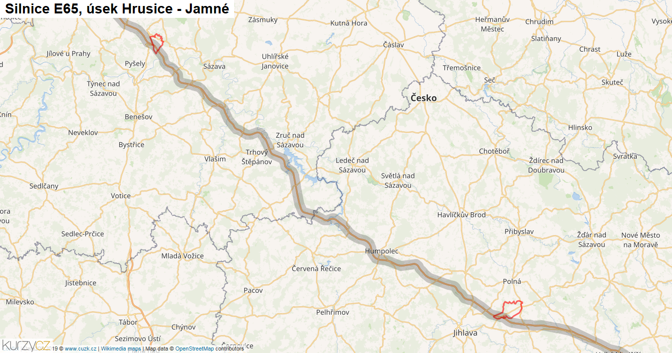 Úsek Hrusice - Jamné, Silnice E65 - Mapa