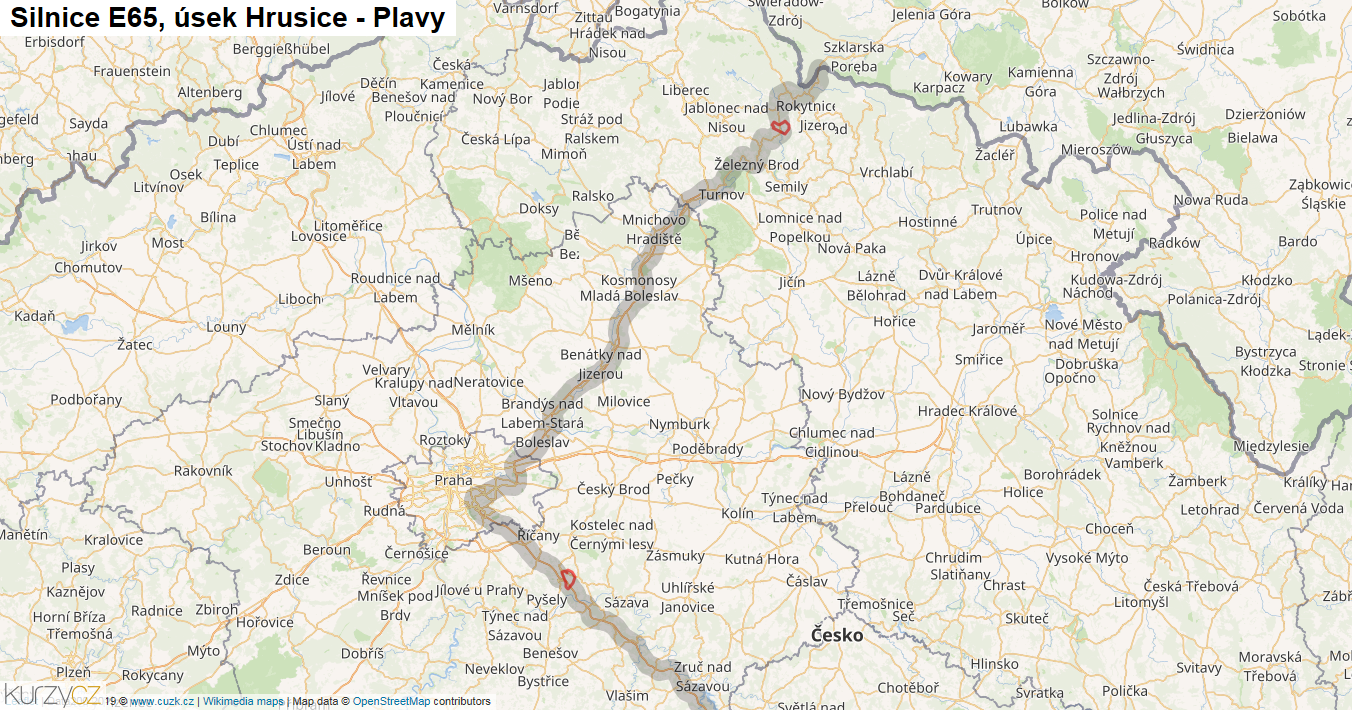Úsek Hrusice - Plavy, Silnice E65 - Mapa