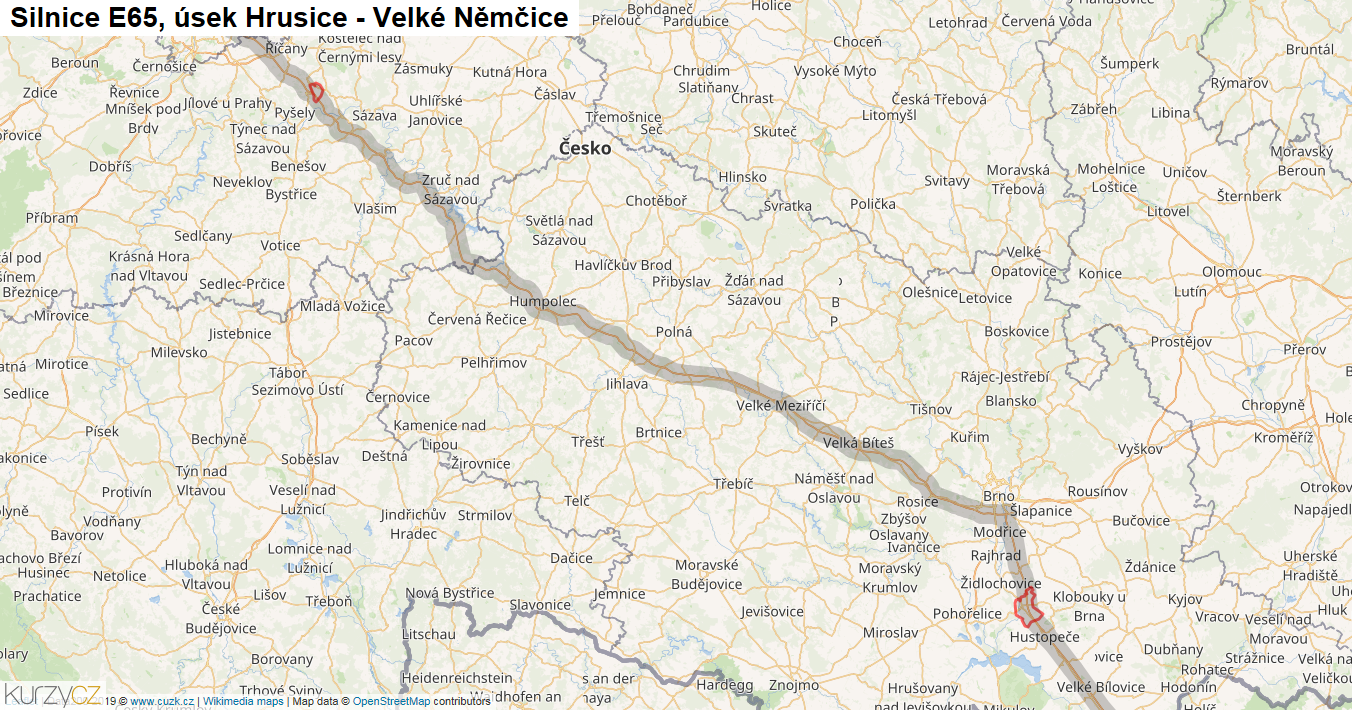 Úsek Hrusice - Velké Němčice, Silnice E65 - Mapa