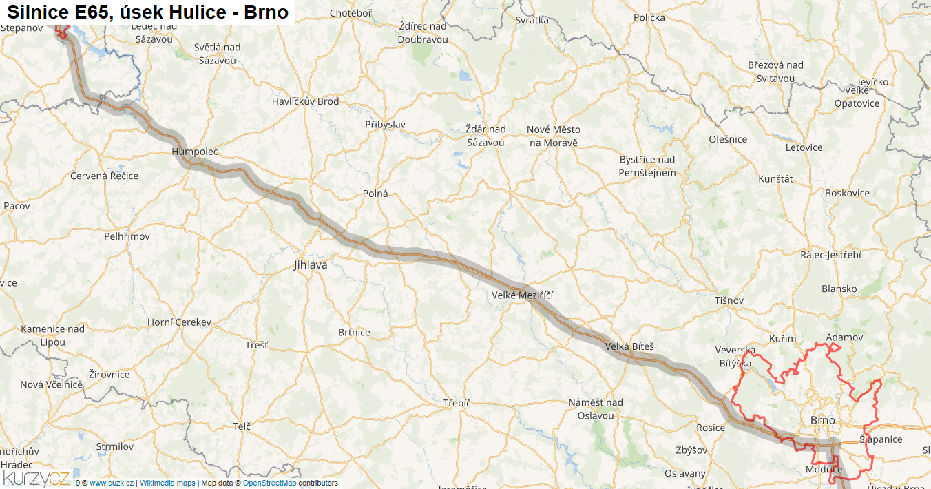 Úsek Hulice - Brno, Silnice E65 - Mapa