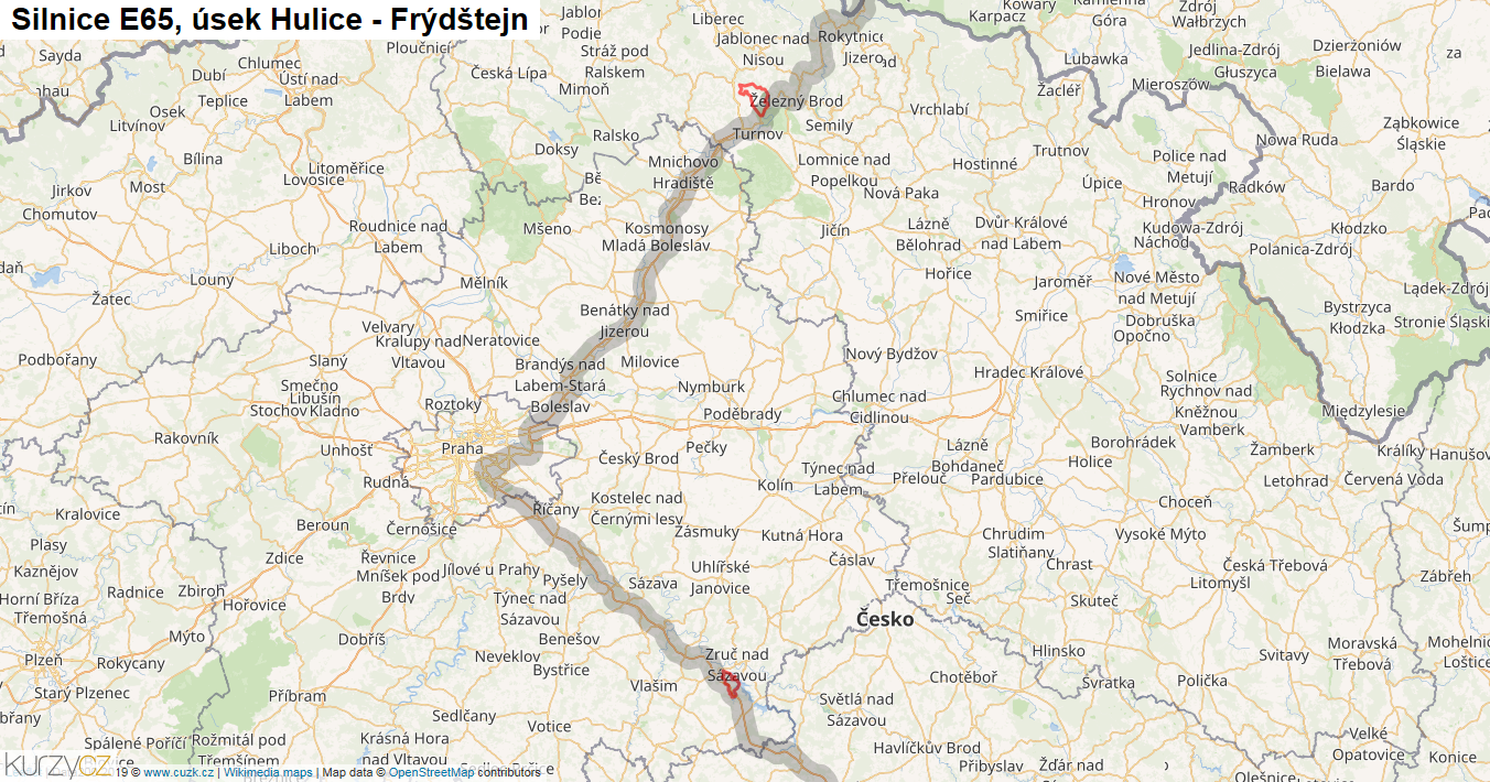 Úsek Hulice - Frýdštejn, Silnice E65 - Mapa