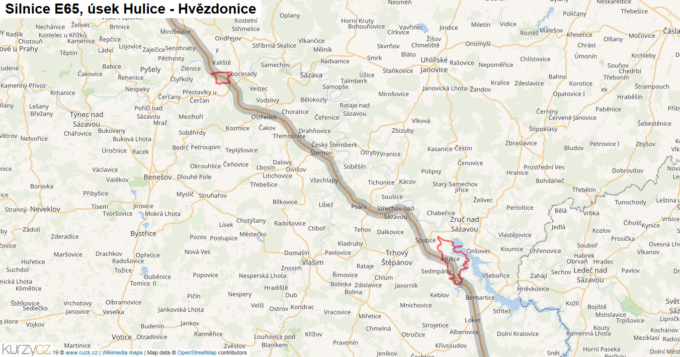 Úsek Hulice - Hvězdonice, Silnice E65 - Mapa