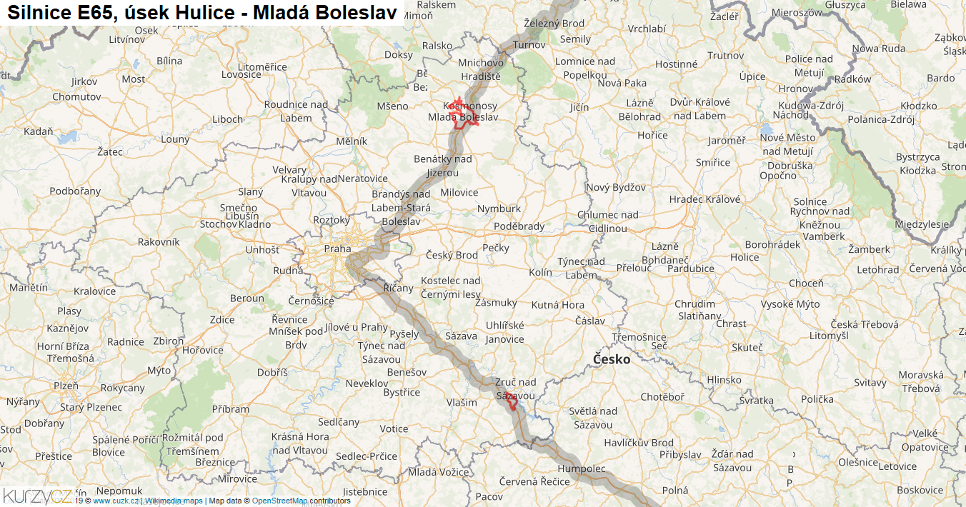 Úsek Hulice - Mladá Boleslav, Silnice E65 - Mapa