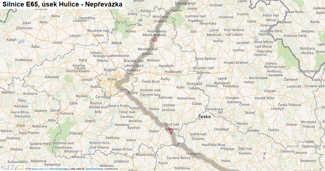 Úsek Hulice - Nepřevázka, Silnice E65 - Mapa