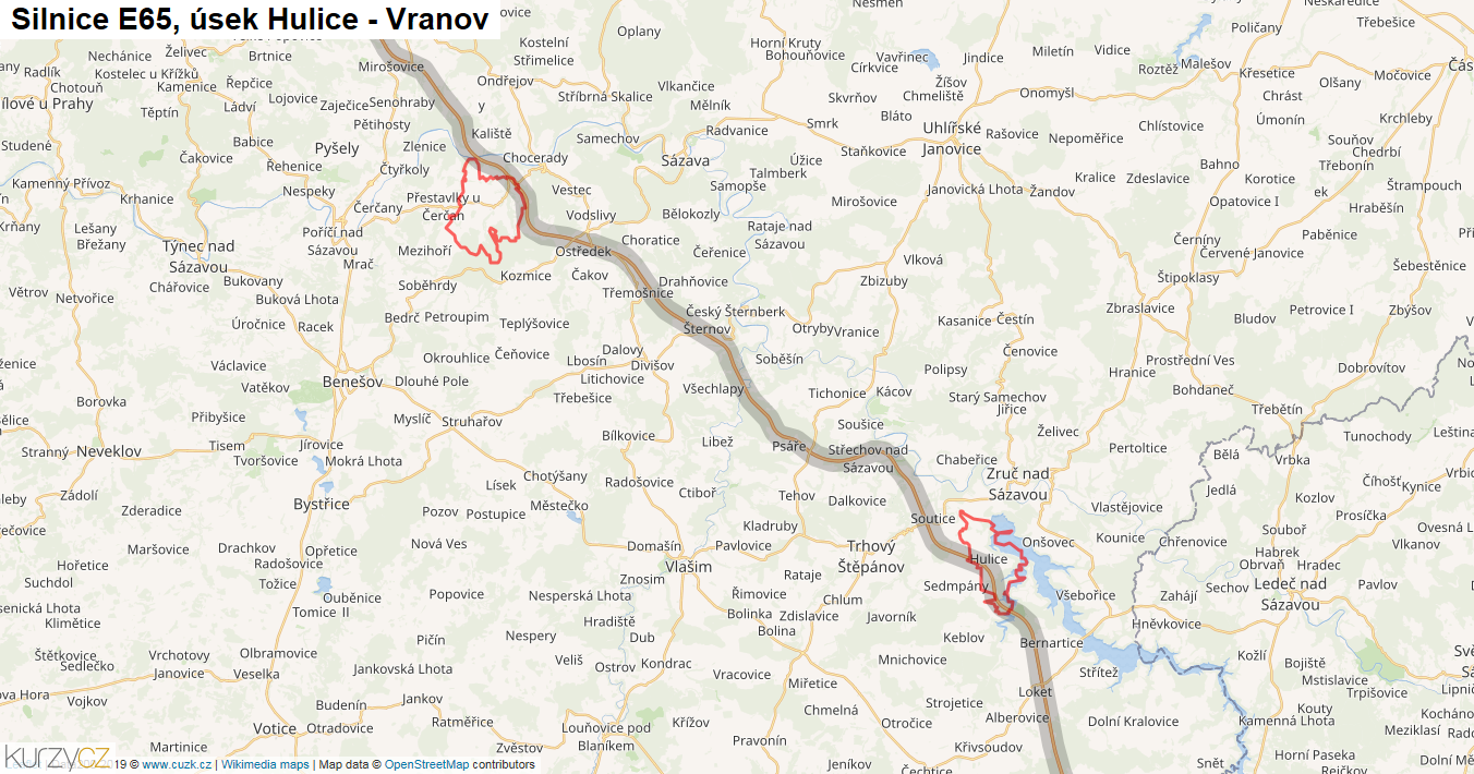 Úsek Hulice - Vranov, Silnice E65 - Mapa
