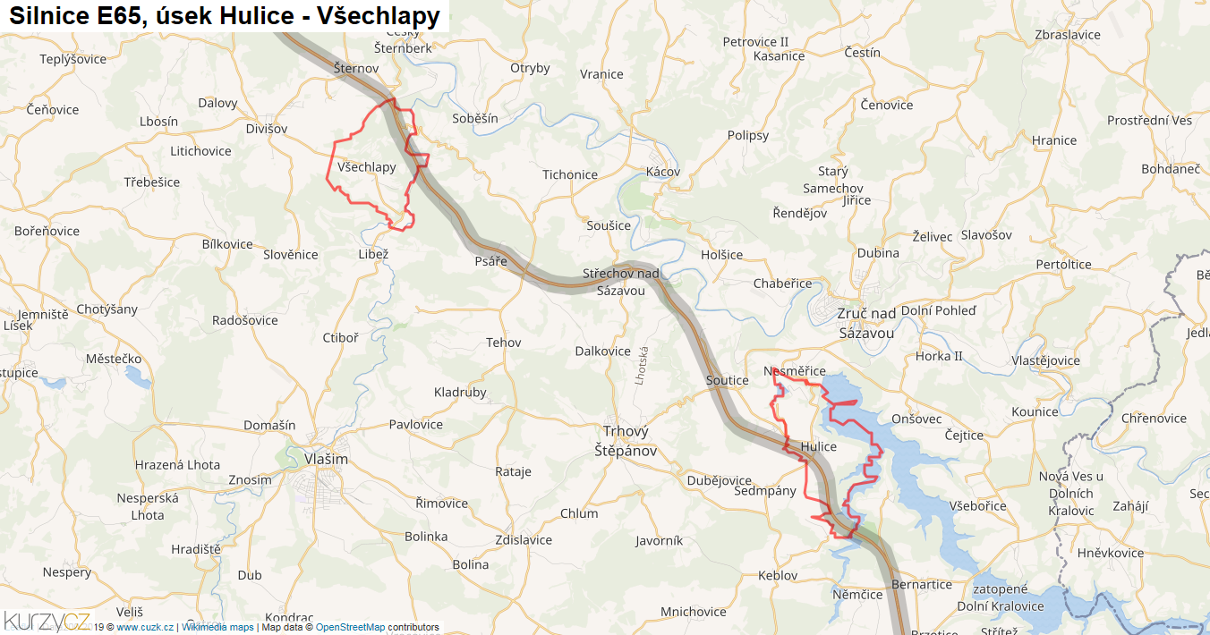 Úsek Hulice - Všechlapy, Silnice E65 - Mapa
