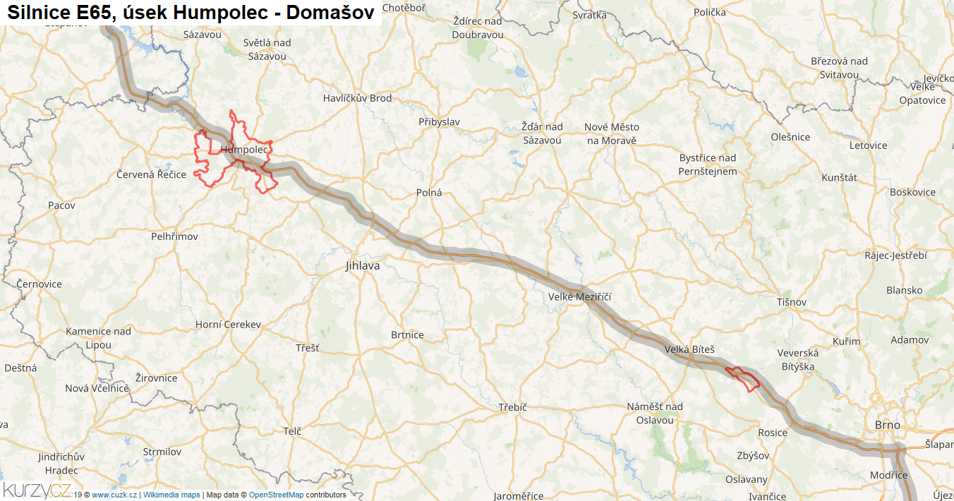 Úsek Humpolec - Domašov, Silnice E65 - Mapa