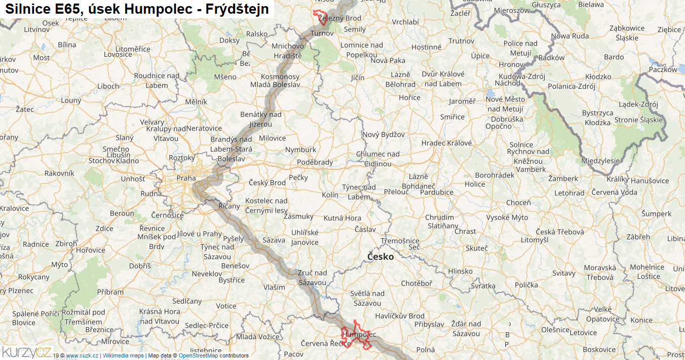 Úsek Humpolec - Frýdštejn, Silnice E65 - Mapa