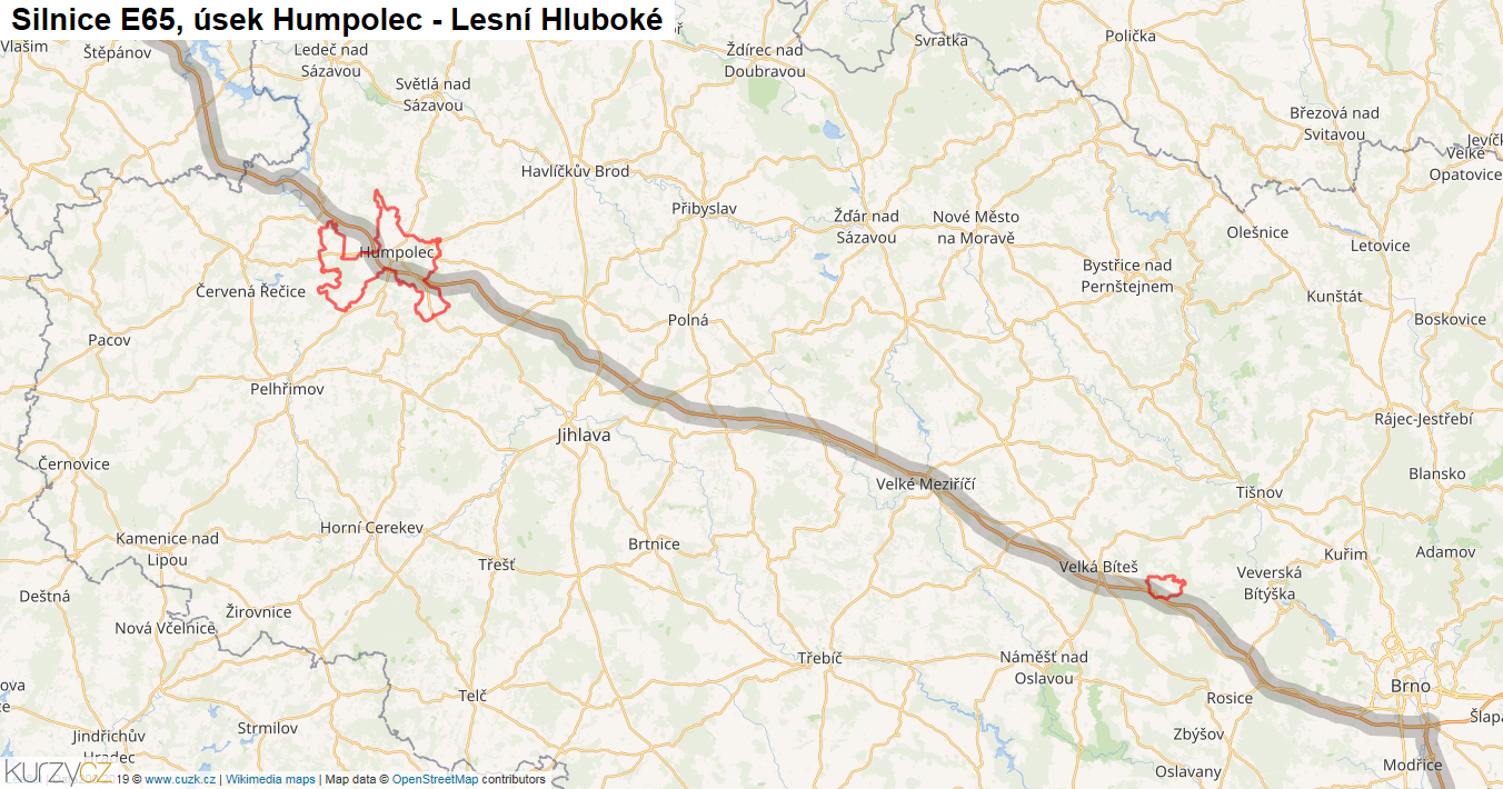 Úsek Humpolec - Lesní Hluboké, Silnice E65 - Mapa