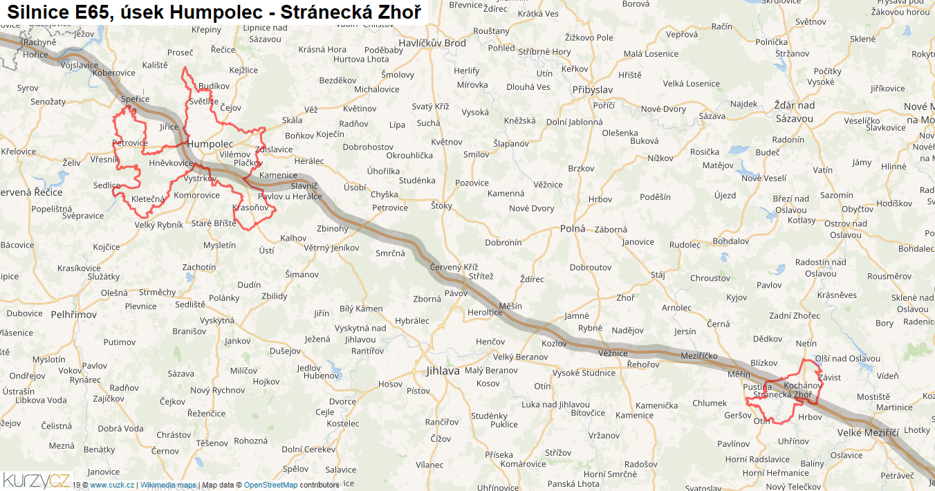 Úsek Humpolec - Stránecká Zhoř, Silnice E65 - Mapa