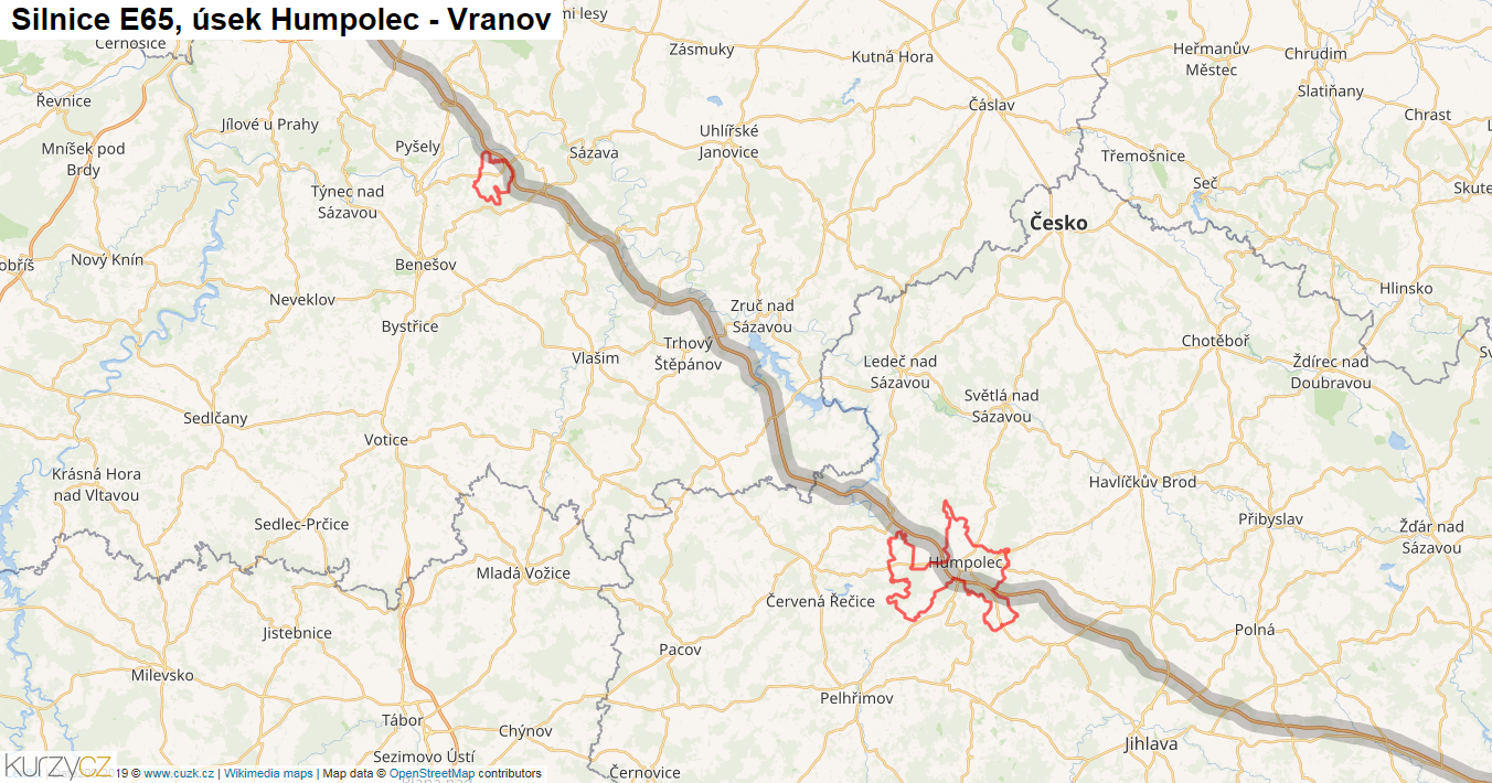 Úsek Humpolec - Vranov, Silnice E65 - Mapa