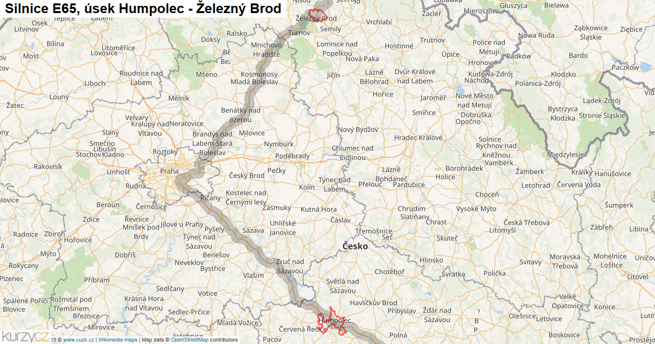 Úsek Humpolec - Železný Brod, Silnice E65 - Mapa