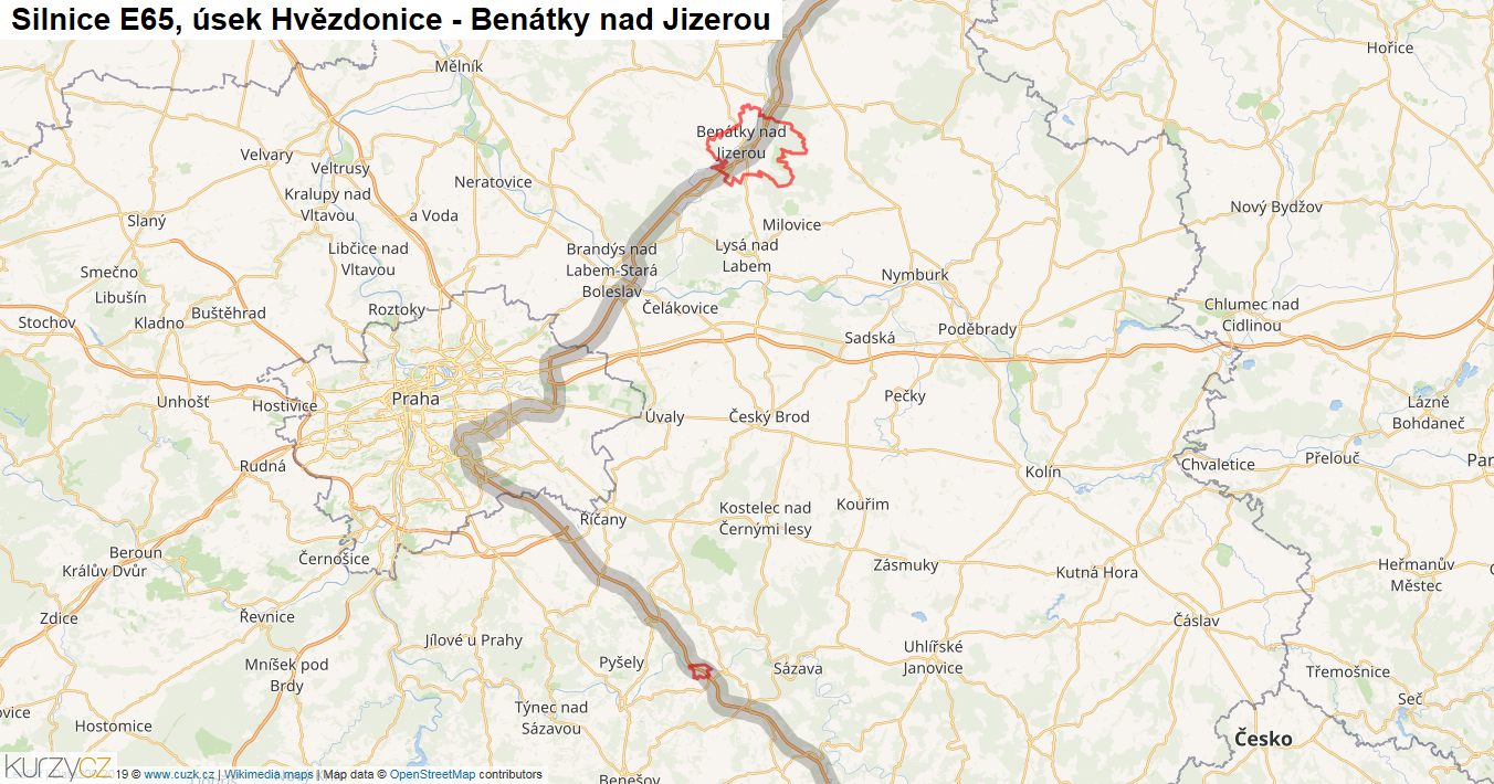 Úsek Hvězdonice - Benátky nad Jizerou, Silnice E65 - Mapa
