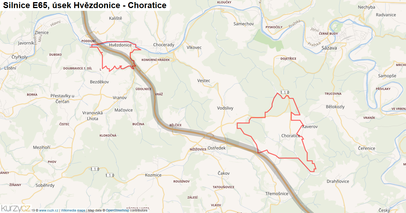 Úsek Hvězdonice - Choratice, Silnice E65 - Mapa