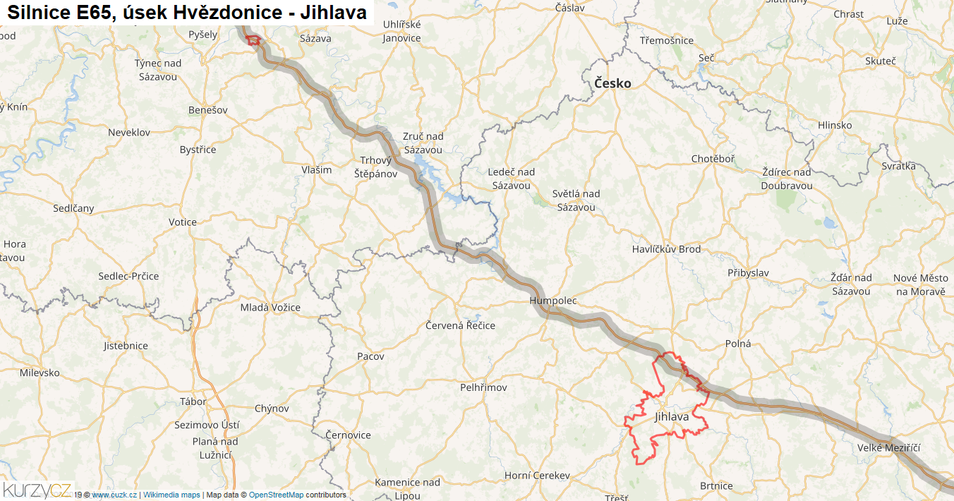 Úsek Hvězdonice - Jihlava, Silnice E65 - Mapa