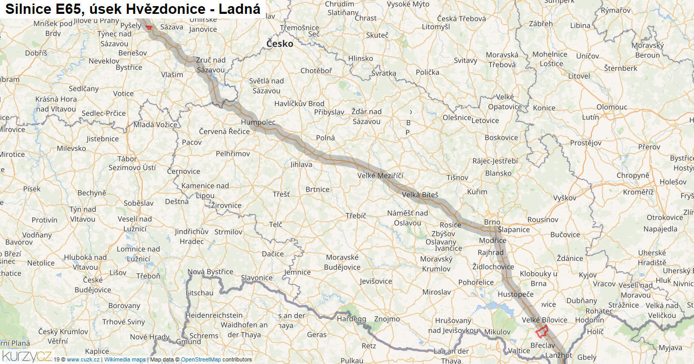 Úsek Hvězdonice - Ladná, Silnice E65 - Mapa