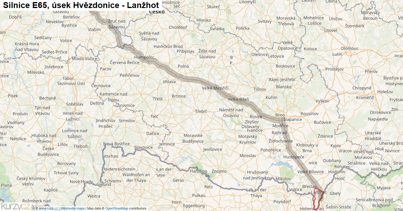 Úsek Hvězdonice - Lanžhot, Silnice E65 - Mapa