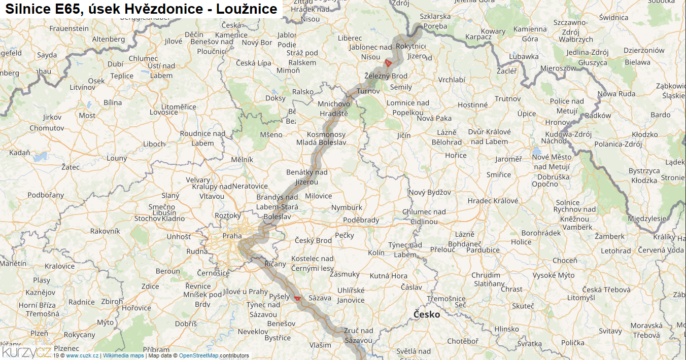 Úsek Hvězdonice - Loužnice, Silnice E65 - Mapa