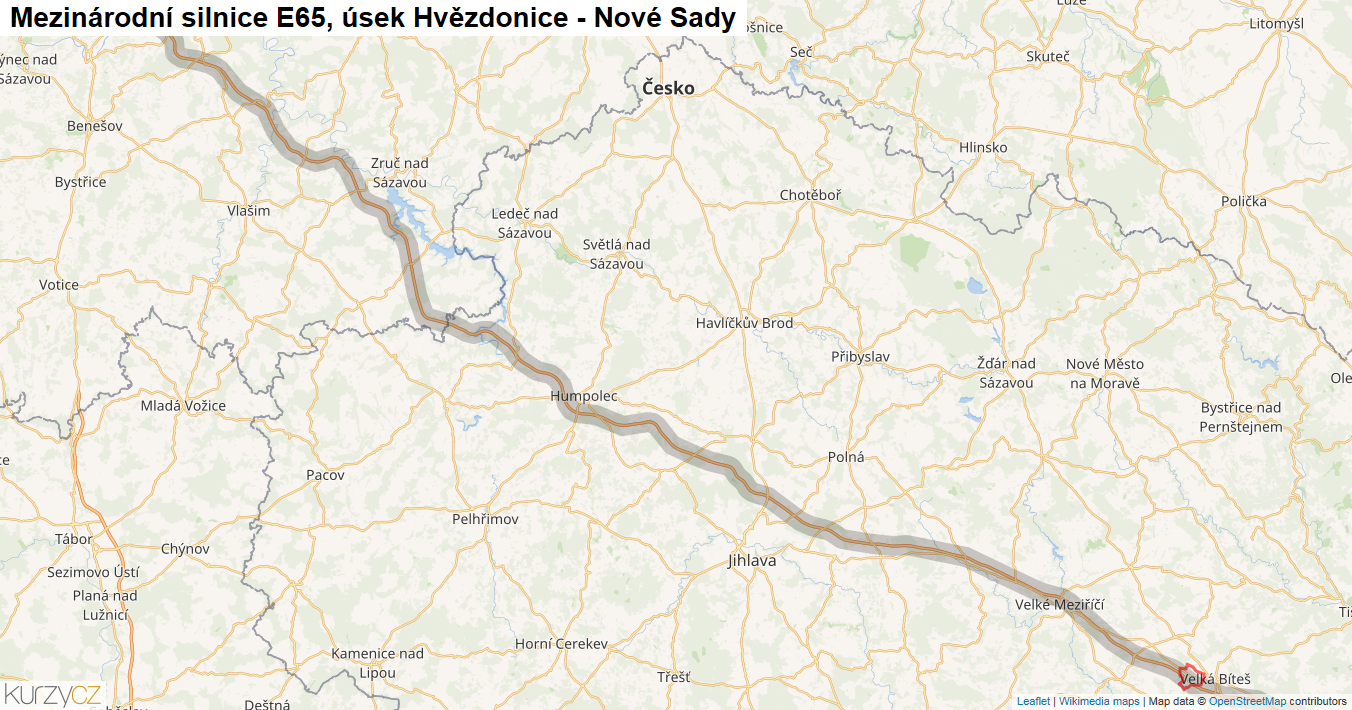 Úsek Hvězdonice - Nové Sady, Silnice E65 - Mapa
